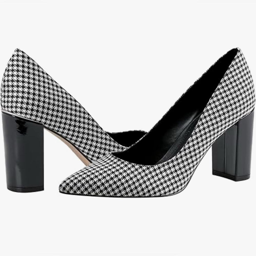 Classic Houndstooth Pointed Toe Block Heel Pumps - Black/White